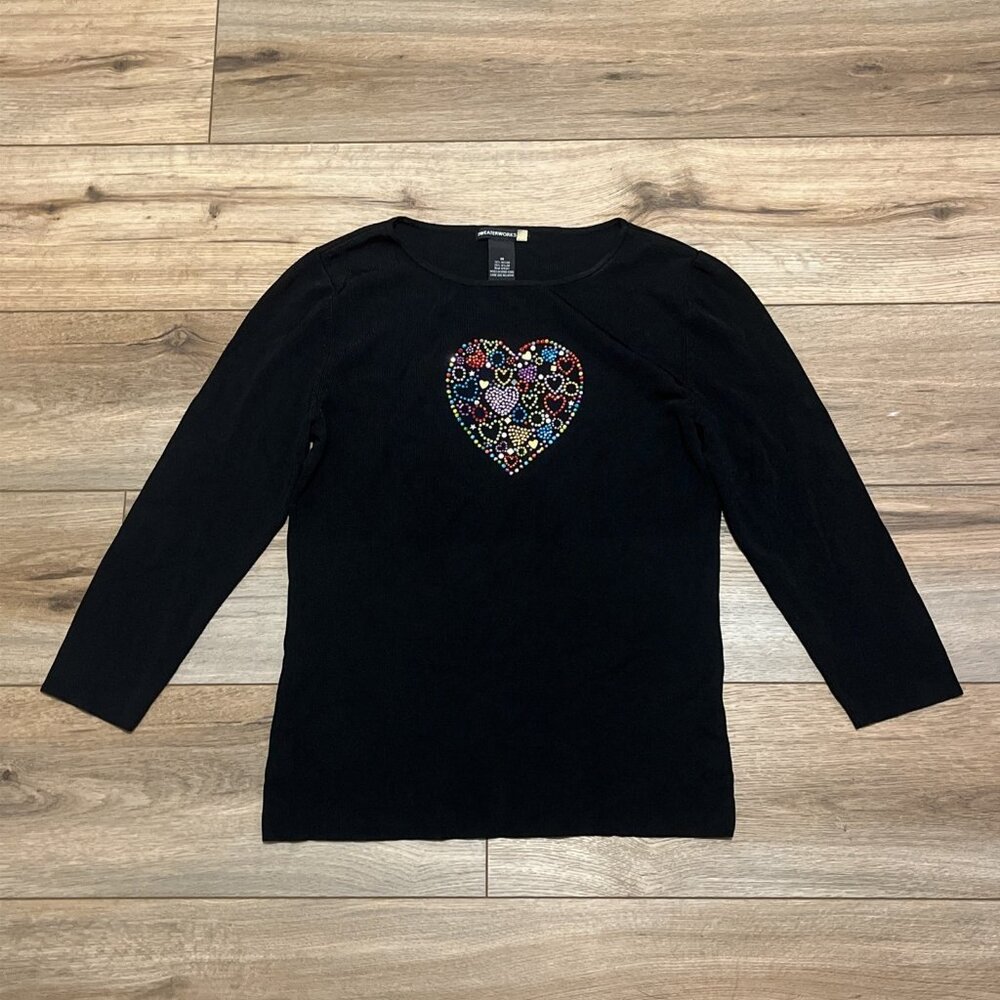 Sweaterworks Rhinestone Heart Top SZ Medium Stretch Black Y2k Vintage